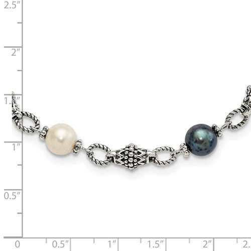 Sterling Silver Antiqued Freshwater Black and White Pearl Necklace