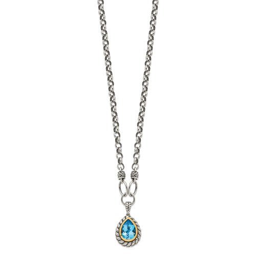 Sterling Silver with 14K Accent Antiqued Pear Swiss Blue Topaz Necklace