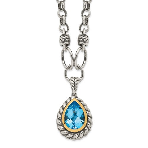 Sterling Silver with 14K Accent Antiqued Pear Swiss Blue Topaz Necklace