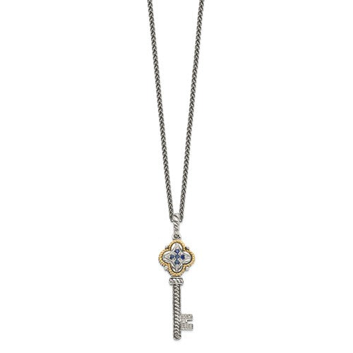 Sterling Silver with 14K Accent Antiqued Sapphire & Diamond Necklace
