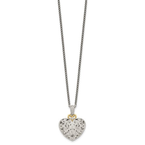 Sterling Silver with 14K Accent Diamond Vintage Heart Necklace