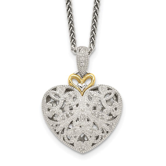 Sterling Silver with 14K Accent Diamond Vintage Heart Necklace