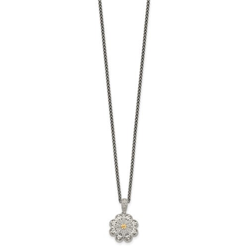 Sterling Silver with 14K Accent Diamond Vintage Flower Necklace