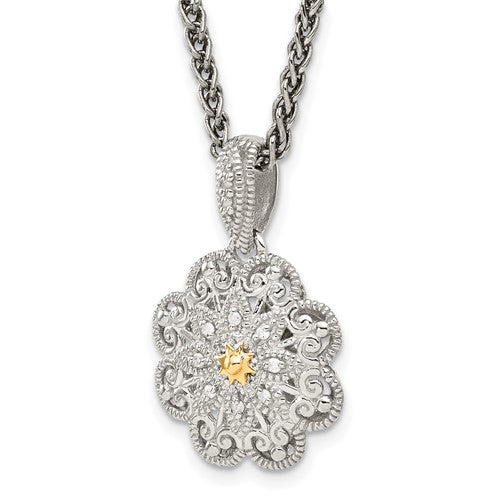 Sterling Silver with 14K Accent Diamond Vintage Flower Necklace