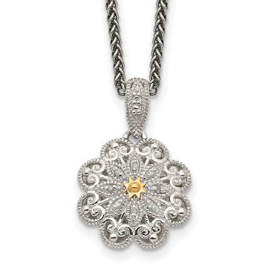 Sterling Silver with 14K Accent Diamond Vintage Flower Necklace