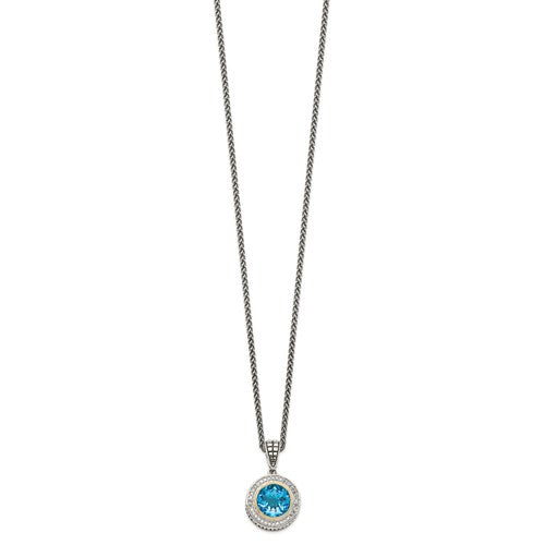 Sterling Silver with 14K Accent Antiqued Swiss Blue Topaz & Diamond Necklace
