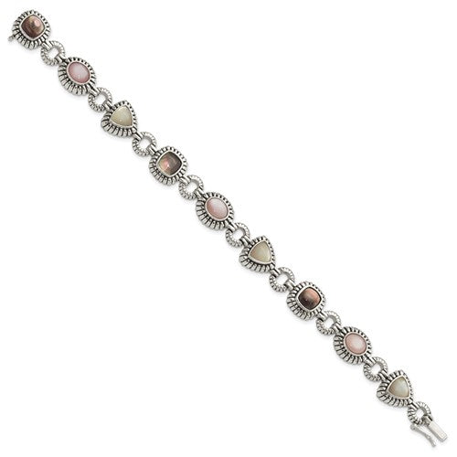 Sterling Silver 7.75 Inch Antiqued Pink Black and White Mother of Pearl Bracelet