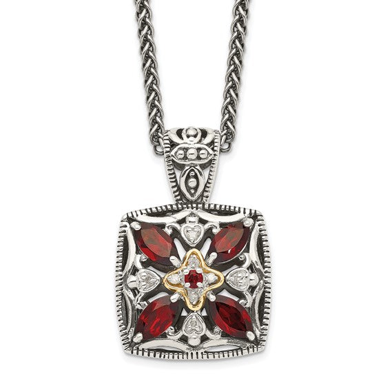 Sterling Silver with 14K Accent Antiqued Garnet & Diamond Necklace