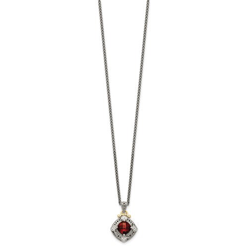Sterling Silver with 14K Accent Antiqued Checkerboard Garnet and Diamond Necklace