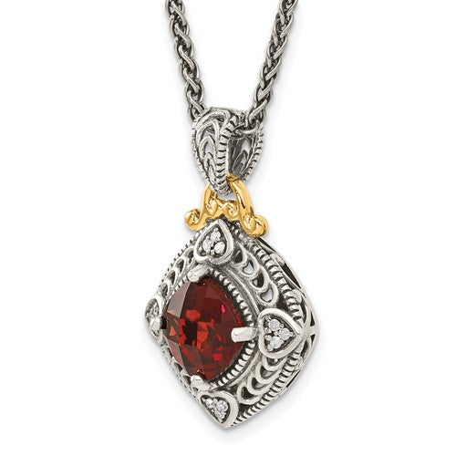 Sterling Silver with 14K Accent Antiqued Checkerboard Garnet and Diamond Necklace