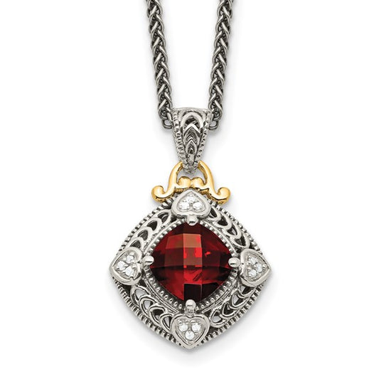 Sterling Silver with 14K Accent Antiqued Checkerboard Garnet and Diamond Necklace