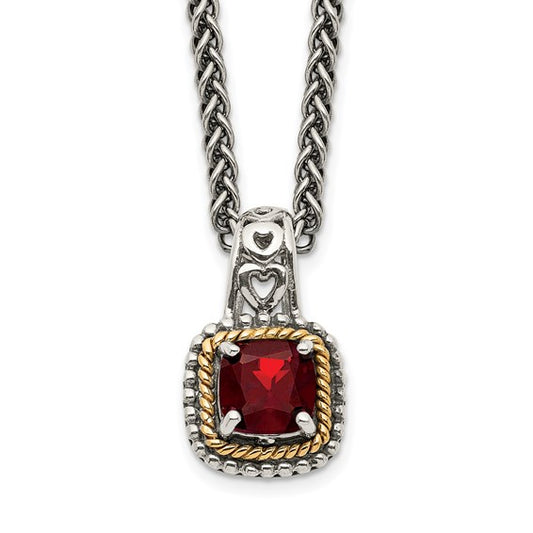 Sterling Silver with 14K Accent Antiqued Cushion Garnet Necklace