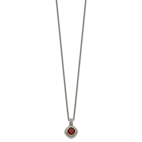 Sterling Silver with 14K Accent Antiqued Cushion Bezel Garnet Necklace