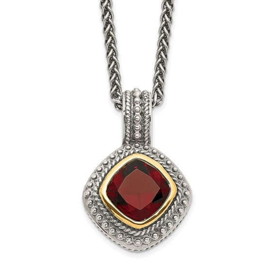 Sterling Silver with 14K Accent Antiqued Cushion Bezel Garnet Necklace