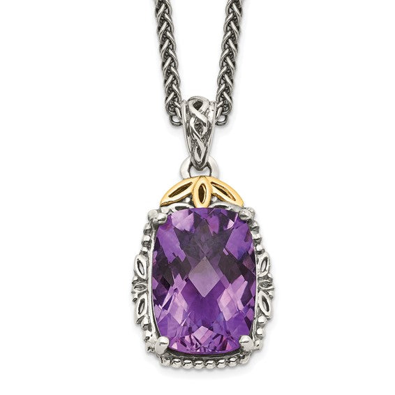 Sterling Silver with 14K Accent Antiqued Cushion Amethyst Necklace