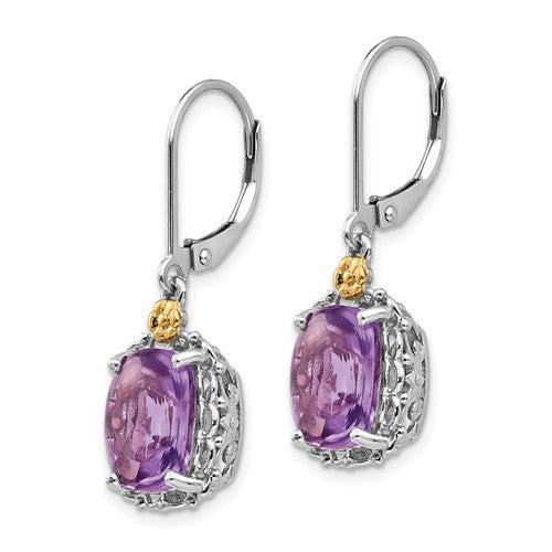 Sterling Silver with 14K Accent Antiqued Cushion Amethyst Dangle Earrings