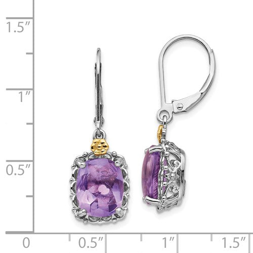 Sterling Silver with 14K Accent Antiqued Cushion Amethyst Dangle Earrings