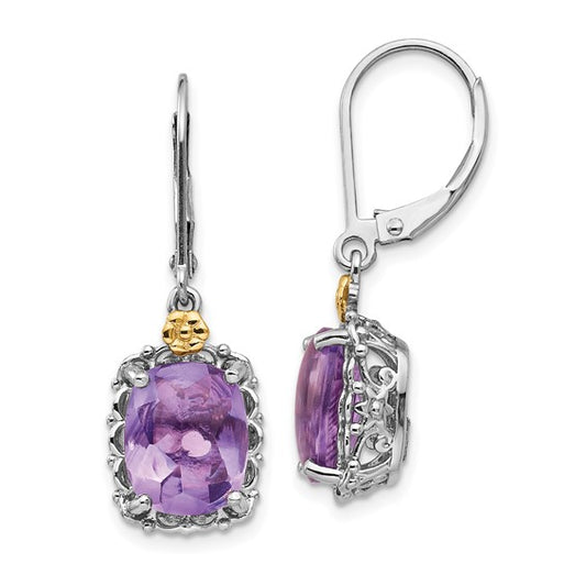 Sterling Silver with 14K Accent Antiqued Cushion Amethyst Dangle Earrings