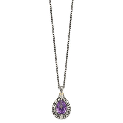 Sterling Silver with 14K Accent Antiqued Pear Amethyst & Diamond Necklace