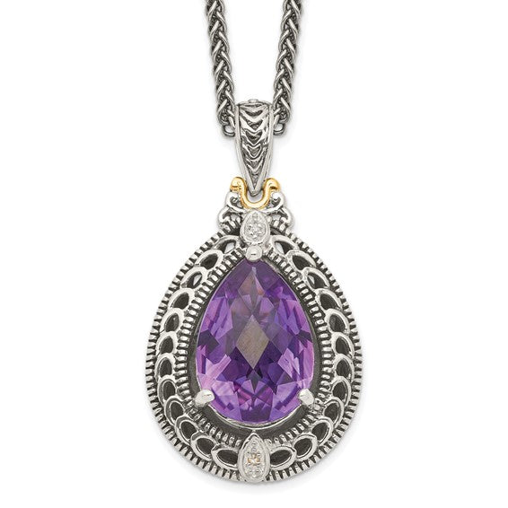 Sterling Silver with 14K Accent Antiqued Pear Amethyst & Diamond Necklace