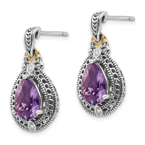 Sterling Silver with 14K Accent Antiqued Pear Amethyst & Diamond Dangle Earrings