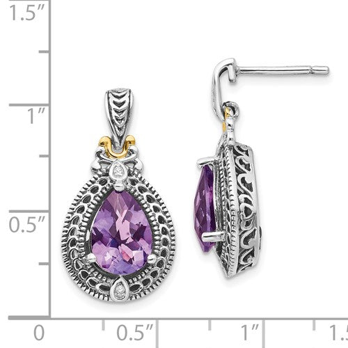 Sterling Silver with 14K Accent Antiqued Pear Amethyst & Diamond Dangle Earrings