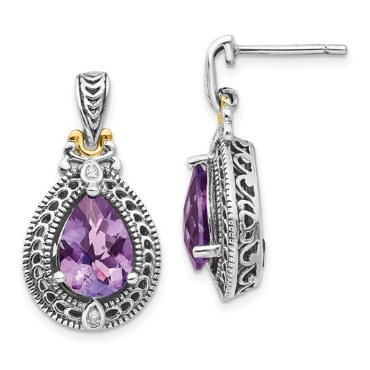 Sterling Silver with 14K Accent Antiqued Pear Amethyst & Diamond Dangle Earrings