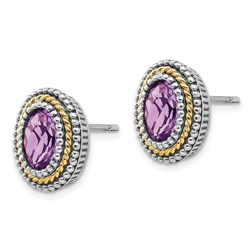 Sterling Silver with 14K Accent Antiqued Oval Amethyst Stud Earrings