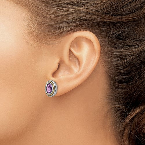 Sterling Silver with 14K Accent Antiqued Oval Amethyst Stud Earrings