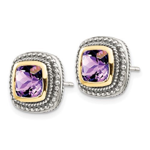 Sterling Silver with 14K Accent Antiqued Cushion Amethyst Stud Earrings