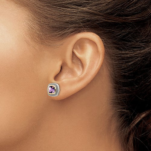 Sterling Silver with 14K Accent Antiqued Cushion Amethyst Stud Earrings