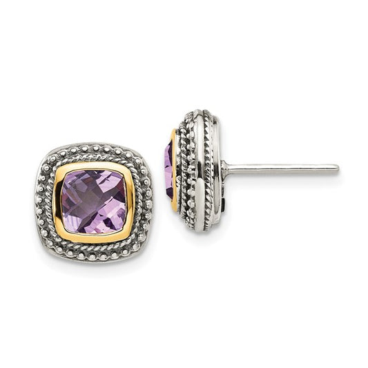 Sterling Silver with 14K Accent Antiqued Cushion Amethyst Stud Earrings