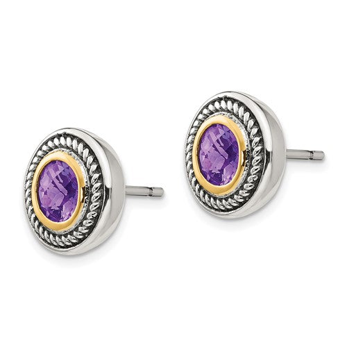 Sterling Silver with 14K Accent Antiqued Amethyst Stud Earrings