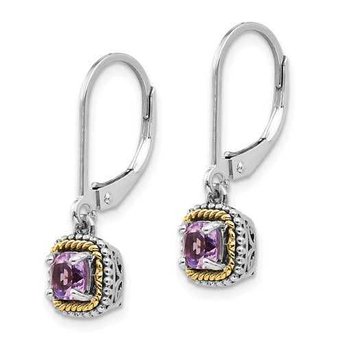 Sterling Silver with 14K Accent Antiqued Cushion Amethyst Dangle Earrings