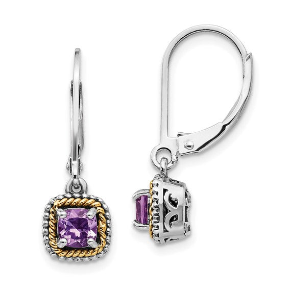 Sterling Silver with 14K Accent Antiqued Cushion Amethyst Dangle Earrings