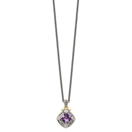 Sterling Silver with 14K Accent Antiqued Cushion Amethyst & Diamond Necklace