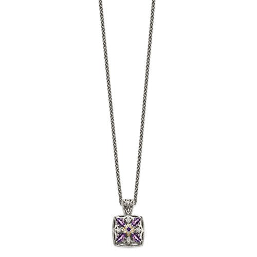 Sterling Silver with 14K Accent Antiqued Amethyst & Diamond Necklace