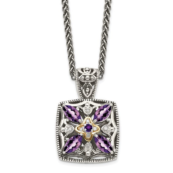 Sterling Silver with 14K Accent Antiqued Amethyst & Diamond Necklace