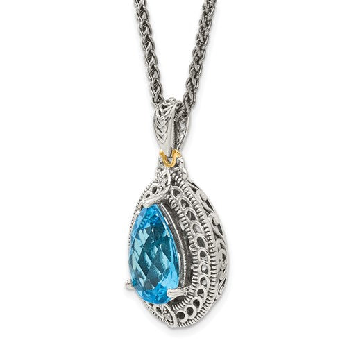 Sterling Silver with 14K Accent Antiqued Pear Swiss Blue Topaz & Diamond Necklace