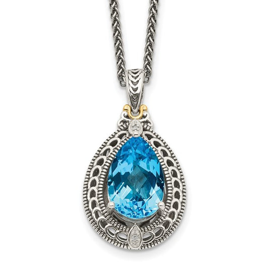 Sterling Silver with 14K Accent Antiqued Pear Swiss Blue Topaz & Diamond Necklace