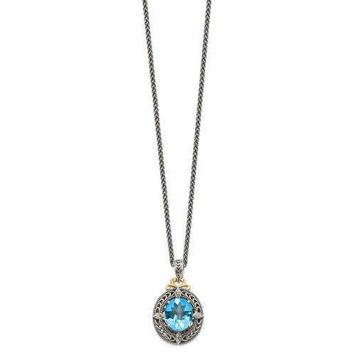 Sterling Silver with 14K Accent Antiqued Oval Swiss Blue Topaz & Diamond Necklace