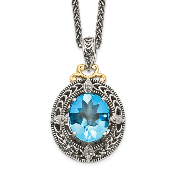 Sterling Silver with 14K Accent Antiqued Oval Swiss Blue Topaz & Diamond Necklace
