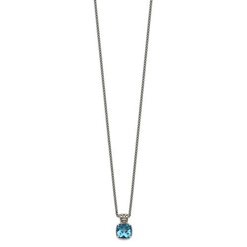 Sterling Silver with 14K Accent Antiqued Cushion Sky Blue Topaz Necklace