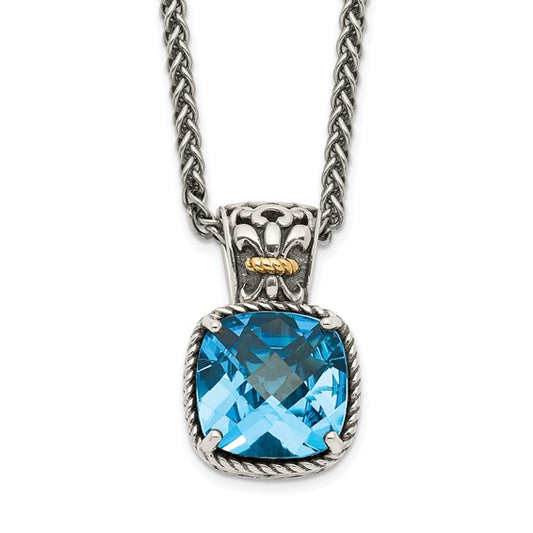 Sterling Silver with 14K Accent Antiqued Cushion Sky Blue Topaz Necklace