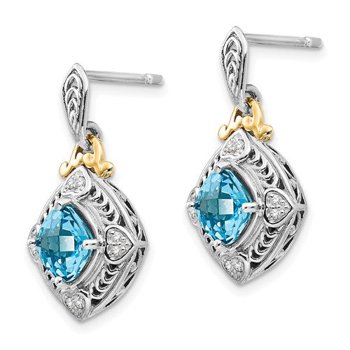 Sterling Silver with 14K Accent Antiqued Cushion Blue Topaz & Diamond Dangle Earrings