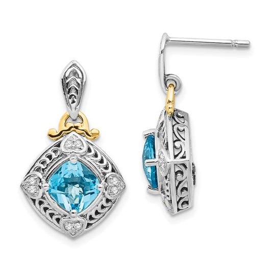 Sterling Silver with 14K Accent Antiqued Cushion Blue Topaz & Diamond Dangle Earrings