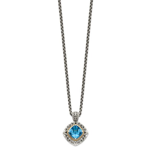 Sterling Silver with 14K Accent Antiqued Cushion Blue Topaz Necklace