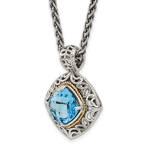 Sterling Silver with 14K Accent Antiqued Cushion Blue Topaz Necklace