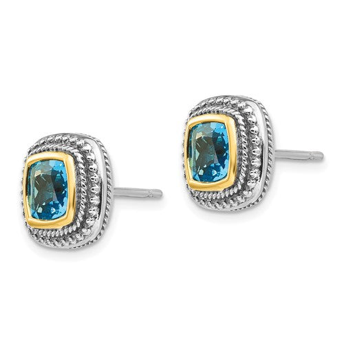 Sterling Silver with 14K Accent Antiqued Cushion Swiss Blue Topaz Stud Earrings