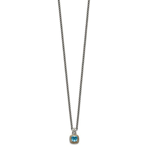 Sterling Silver with 14K Accent Antiqued Cushion Sky Blue Topaz Necklace